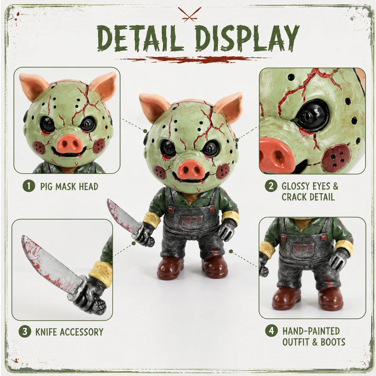 Detail graphic highlights the pig mask, eyes, outfit, boots, and prop knife.