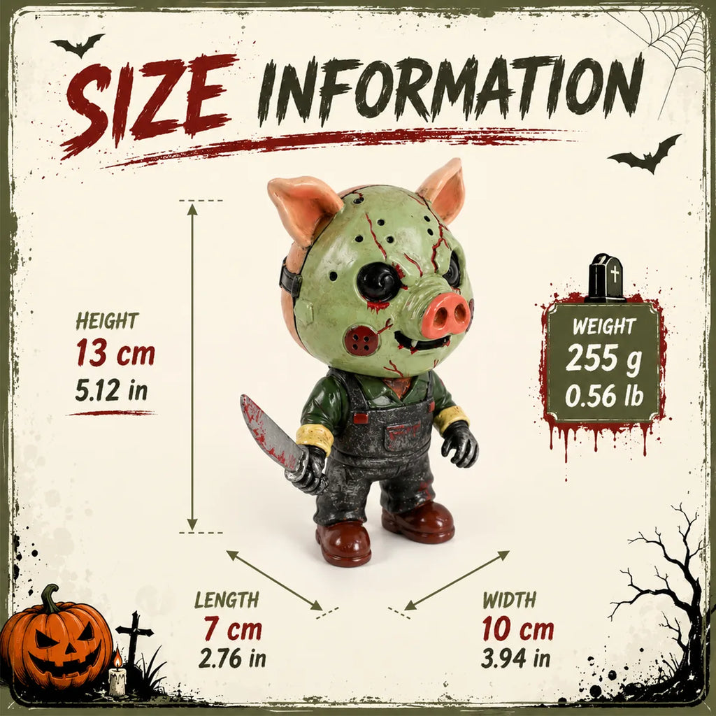 Size graphic shows the pig horror figurine dimensions and weight.