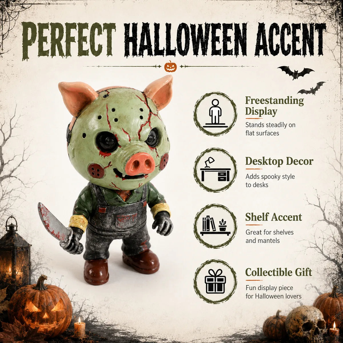 Feature graphic for the pig mask horror figurine display, highlighting visible design details and intended use.