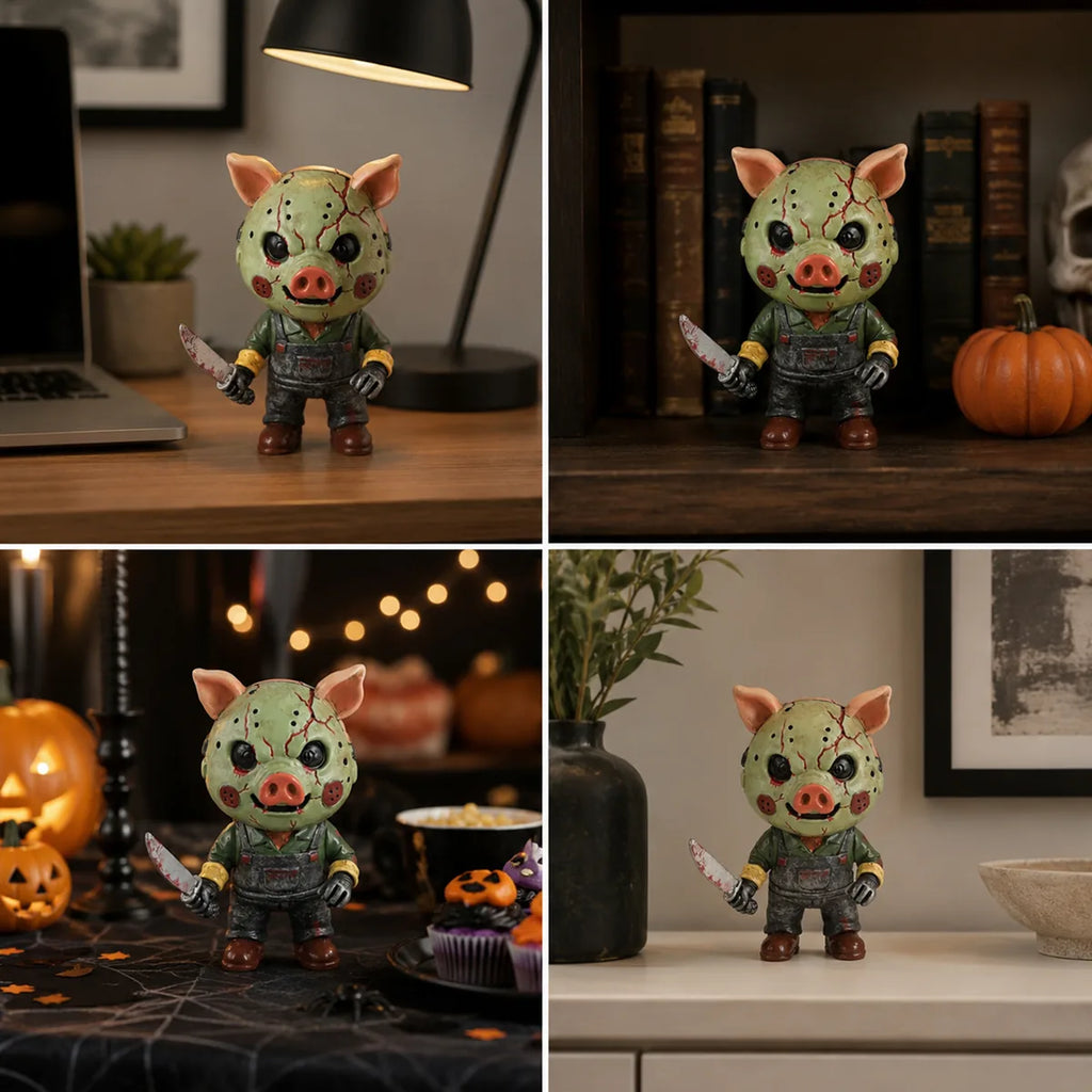 Pig horror figurine shown on desk, shelf, mantel, and party displays.