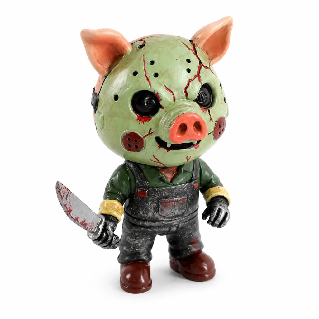 Front view of the pig mask horror figurine, showing its overall shape and visible design.