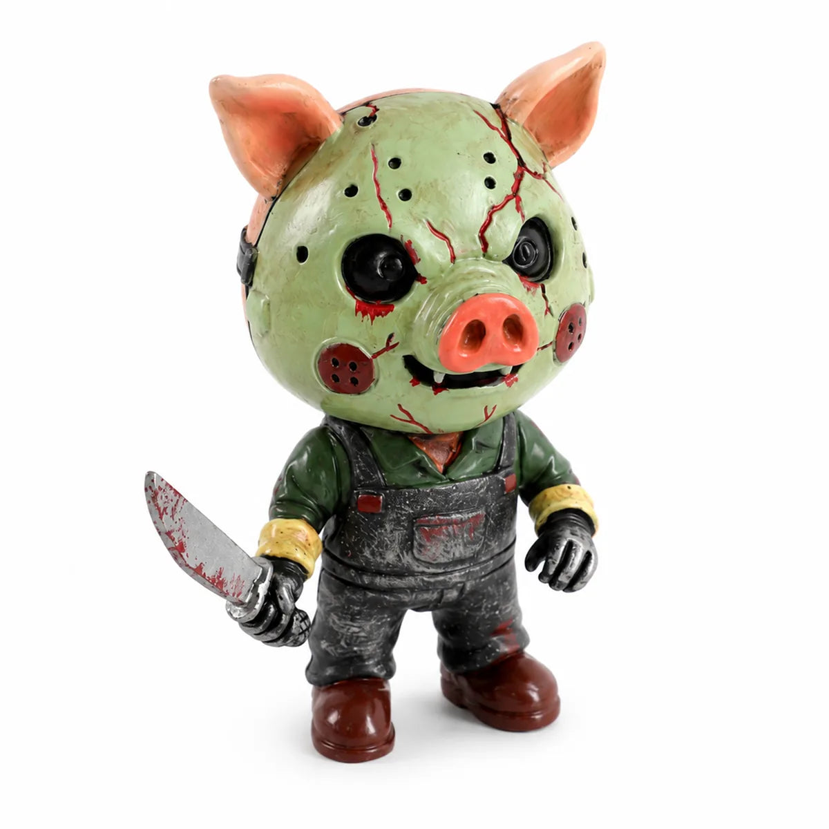 Front view of the pig mask horror figurine, showing its overall shape and visible design.
