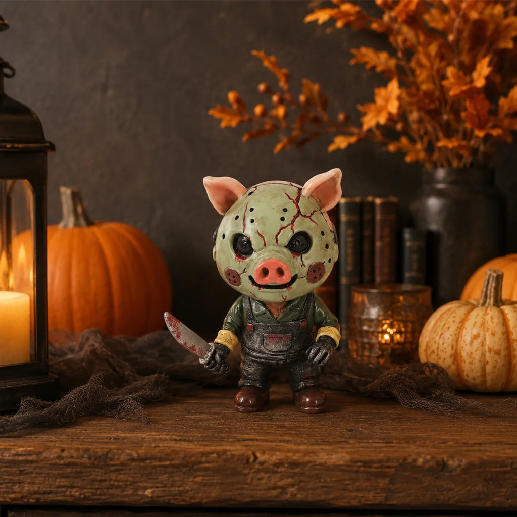 The pig mask horror figurine halloween displayed in a styled Halloween scene for visual context.
