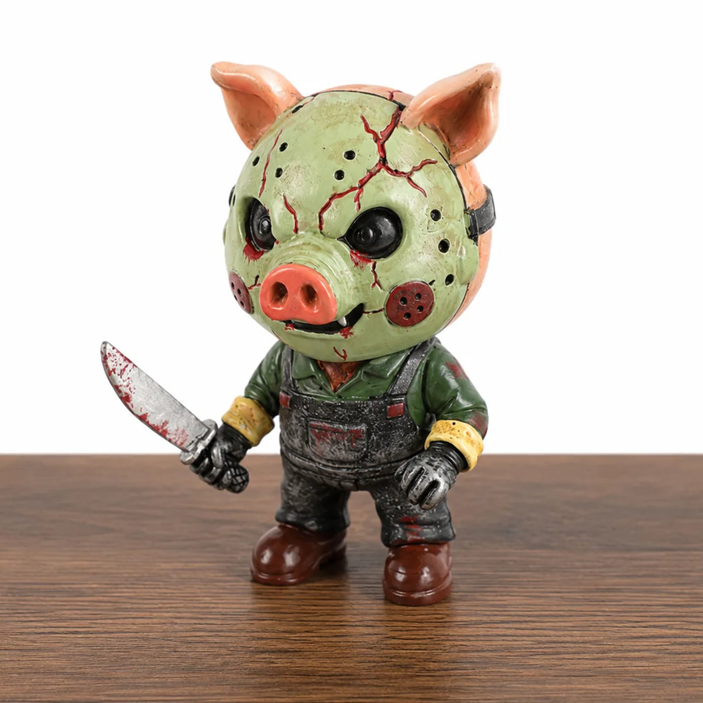 Pig-mask horror figurine displayed on a wooden tabletop for clear scale and styling.