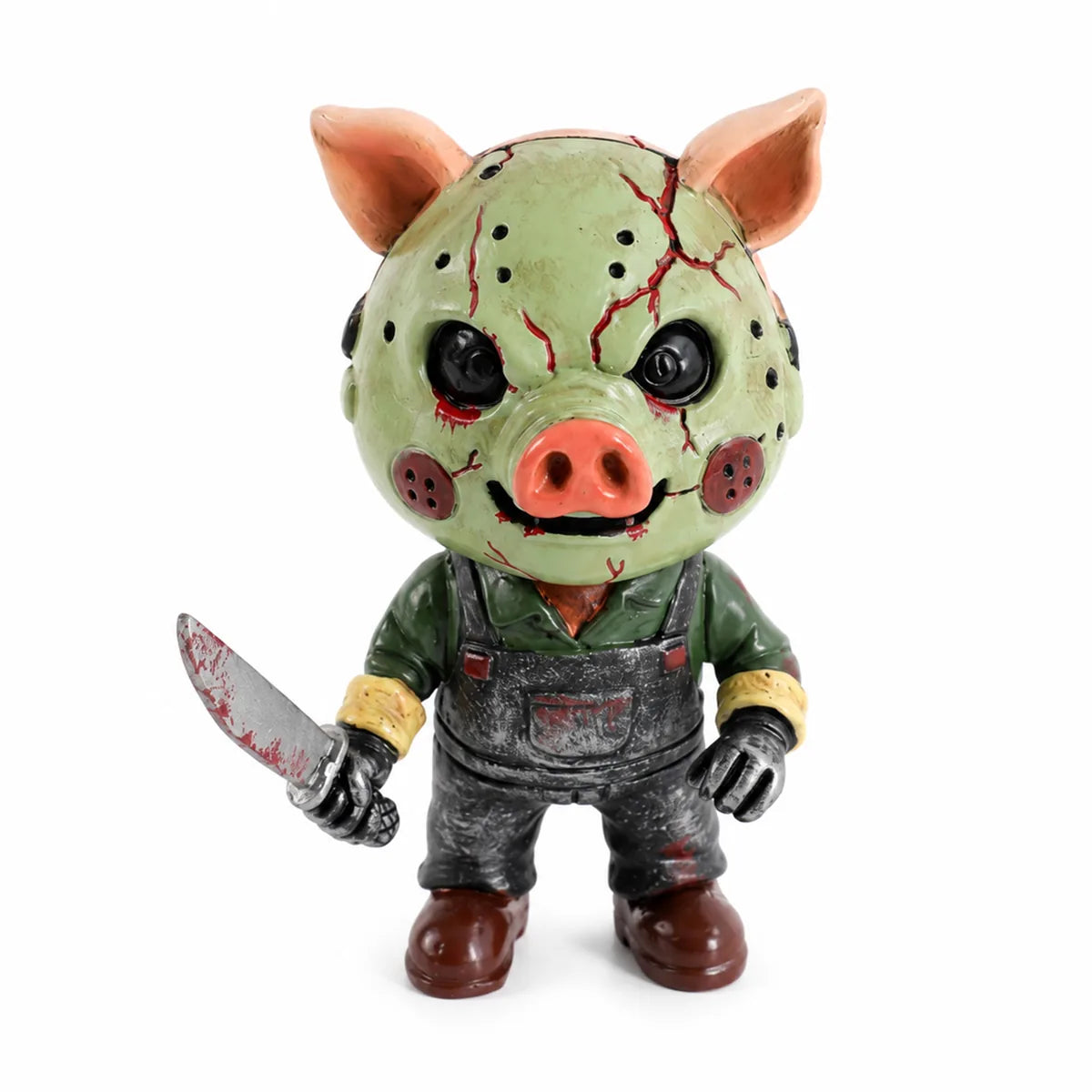 Multiple-angle view of the pig mask horror figurine, showing its shape from different sides.