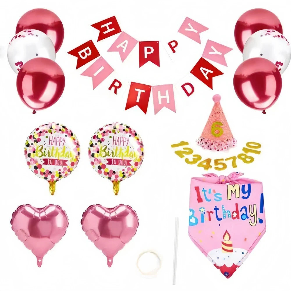 Pink dog birthday party decoration kit with banner, balloons, hat, and bandana