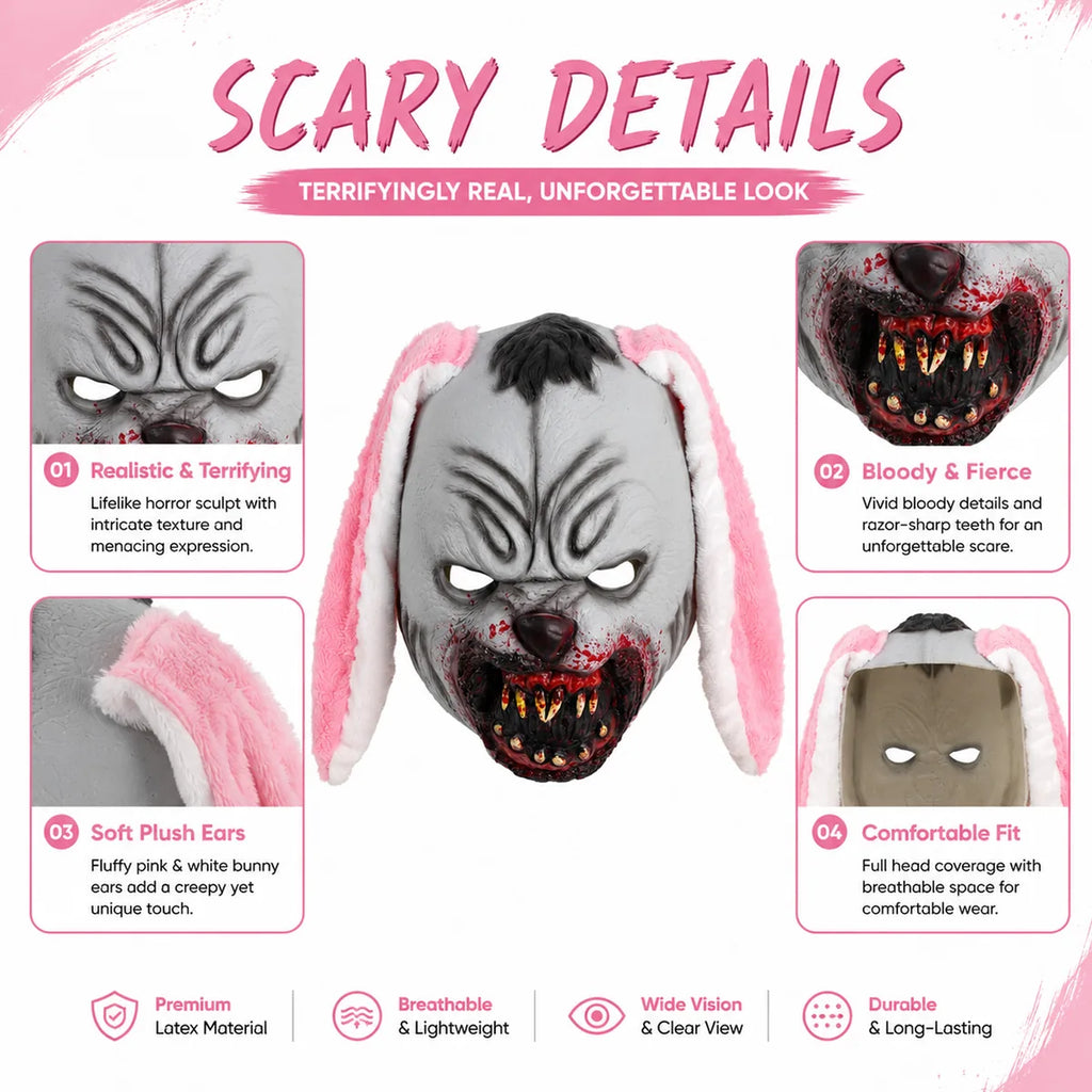 Close-up details of the pink ear bloody rabbit mask, showing visible texture, color, and construction.