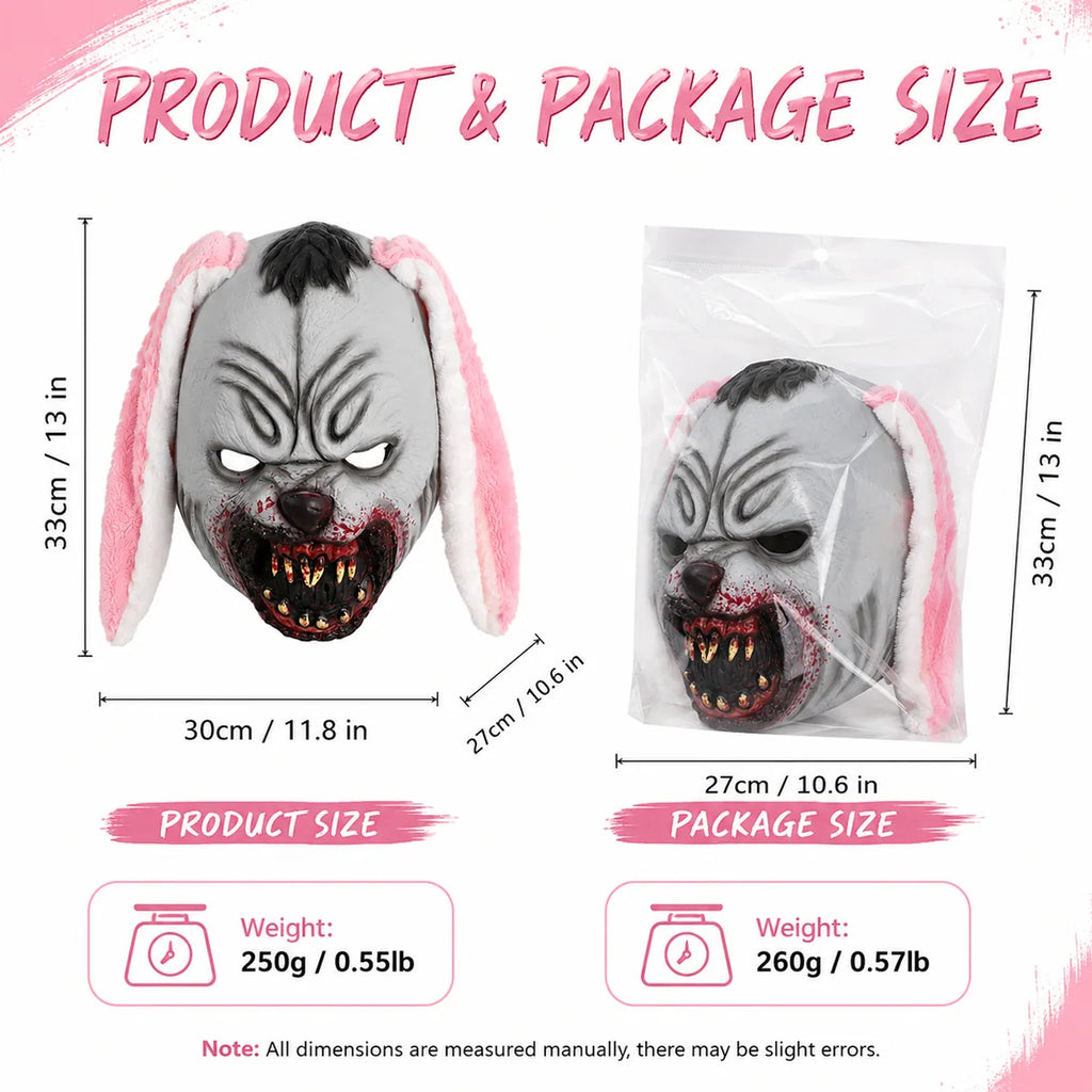 Dimension chart for the pink ear bloody rabbit mask, showing the listed product measurements and scale.