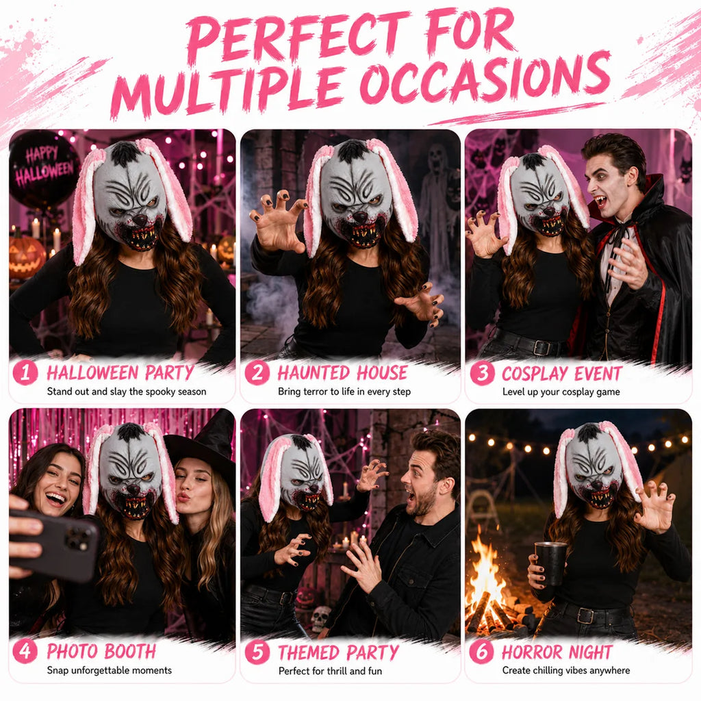 The pink ear bloody rabbit mask shown across several styled Halloween and event display scenes.