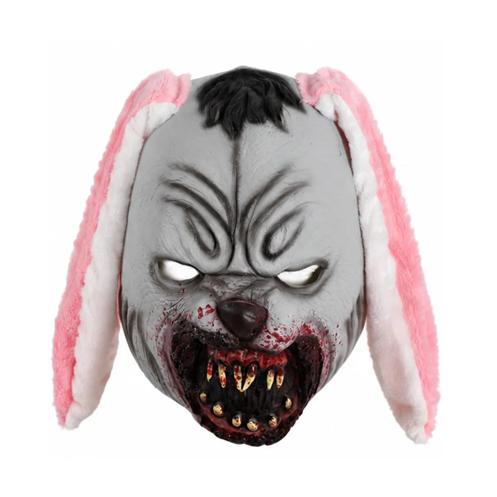 Front view of the pink ear bloody rabbit mask, showing its overall shape and visible design.