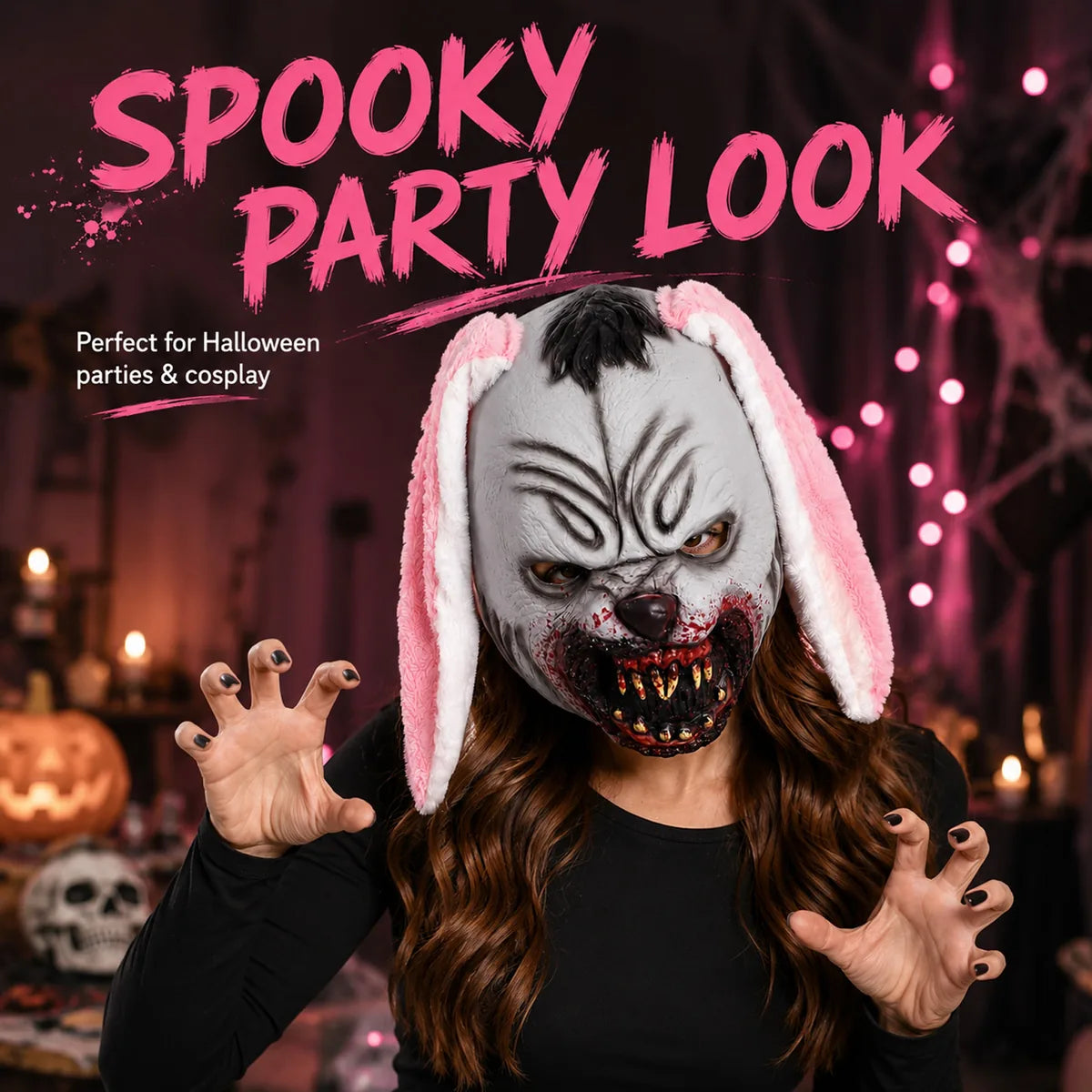 The pink ear bloody rabbit mask displayed in a styled Halloween scene for visual context.