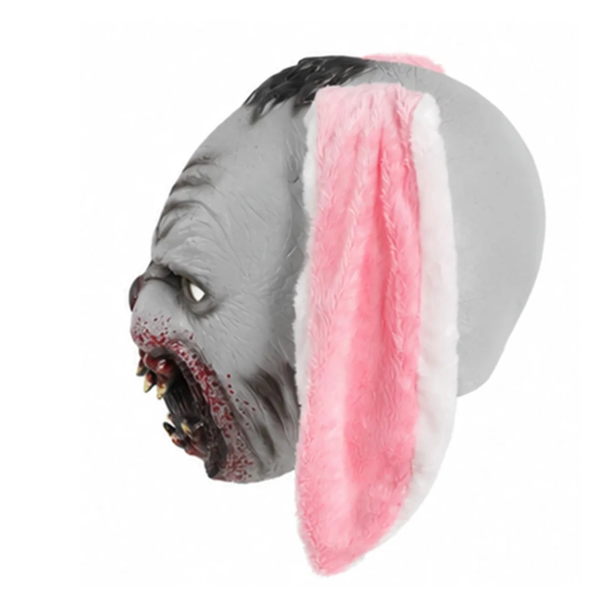 Side view of the pink ear bloody rabbit mask, showing its profile and visible construction details.