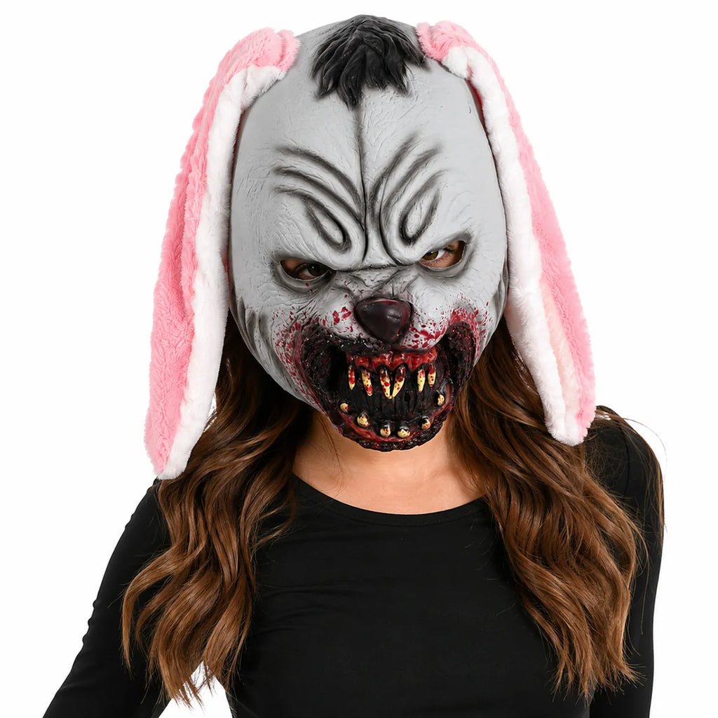 Styled view of the pink ear bloody rabbit mask, showing how the item appears in use.