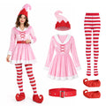 A model wears the pink elf dress beside its five costume pieces.