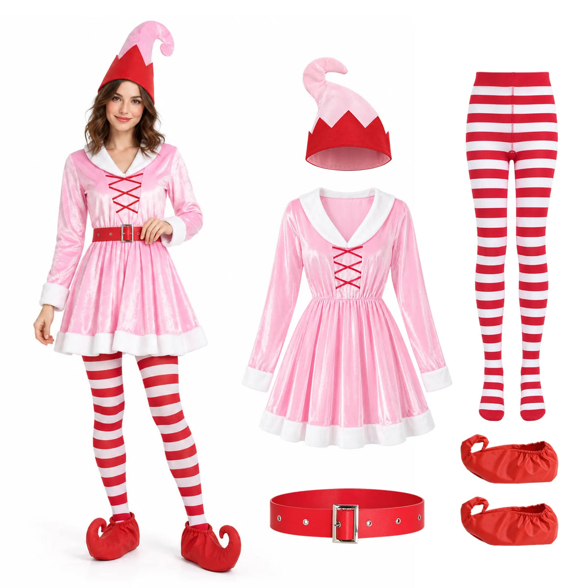 A model wears the pink elf dress beside its five costume pieces.