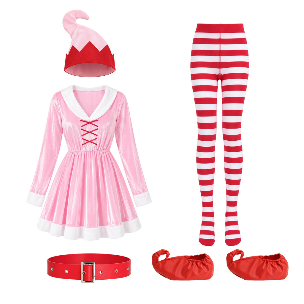 The pink elf dress, pointed hat, belt, tights and costume shoes appear together.