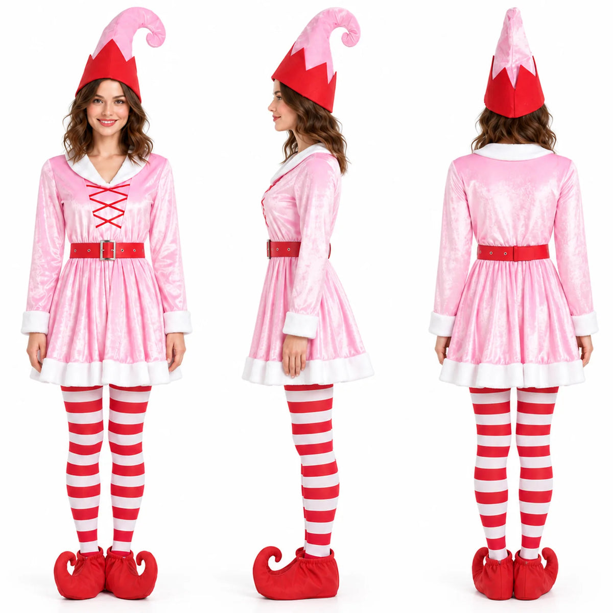 Front, side and back views show the pink elf dress and striped tights.