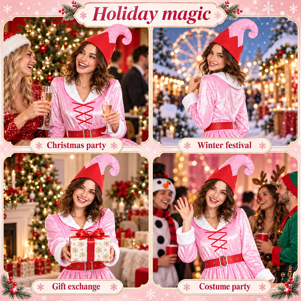 Four holiday scenes show the pink elf dress at parties and gift exchanges.