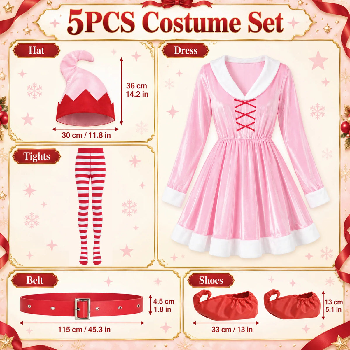 A five-piece pink elf costume diagram shows the dress and accessory measurements.