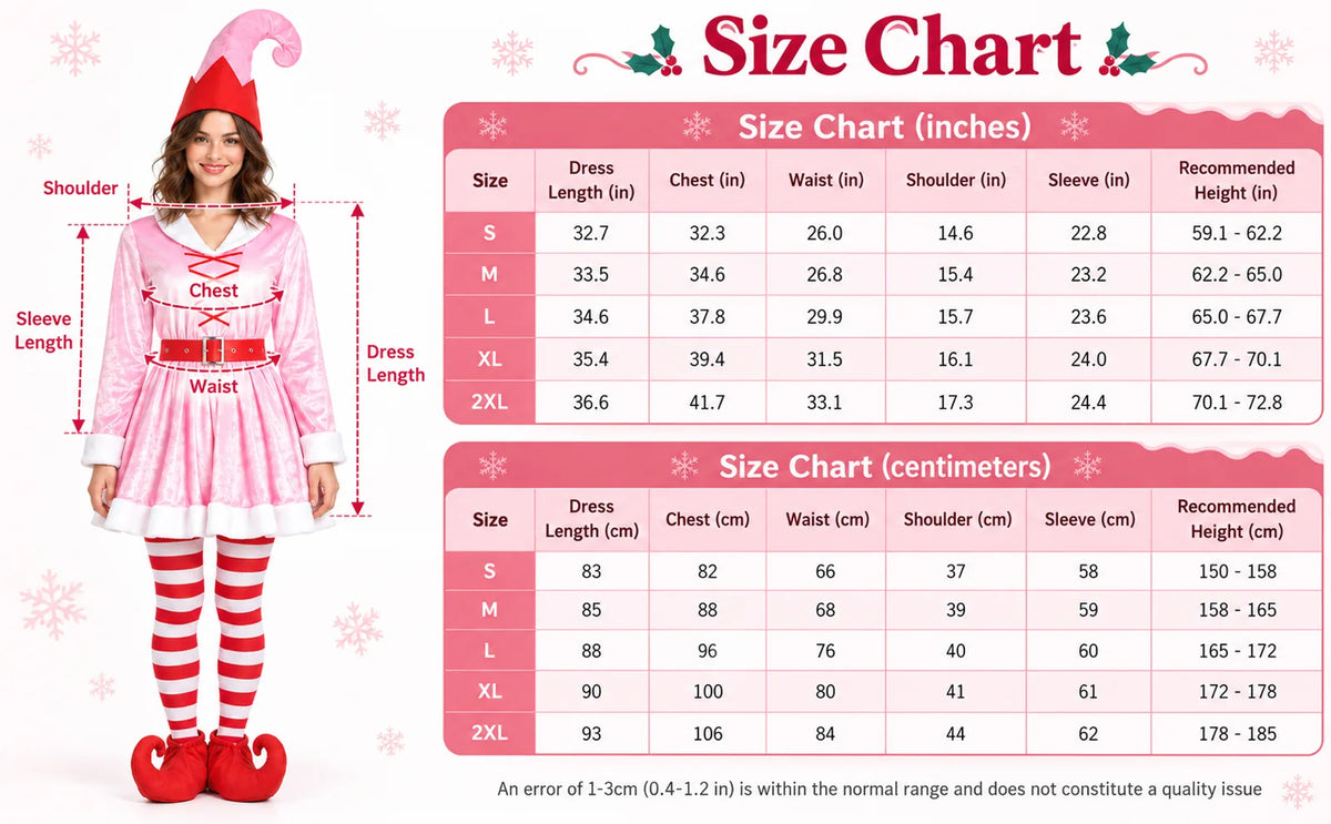 A pink elf costume chart lists dress measurements in inches and centimeters.