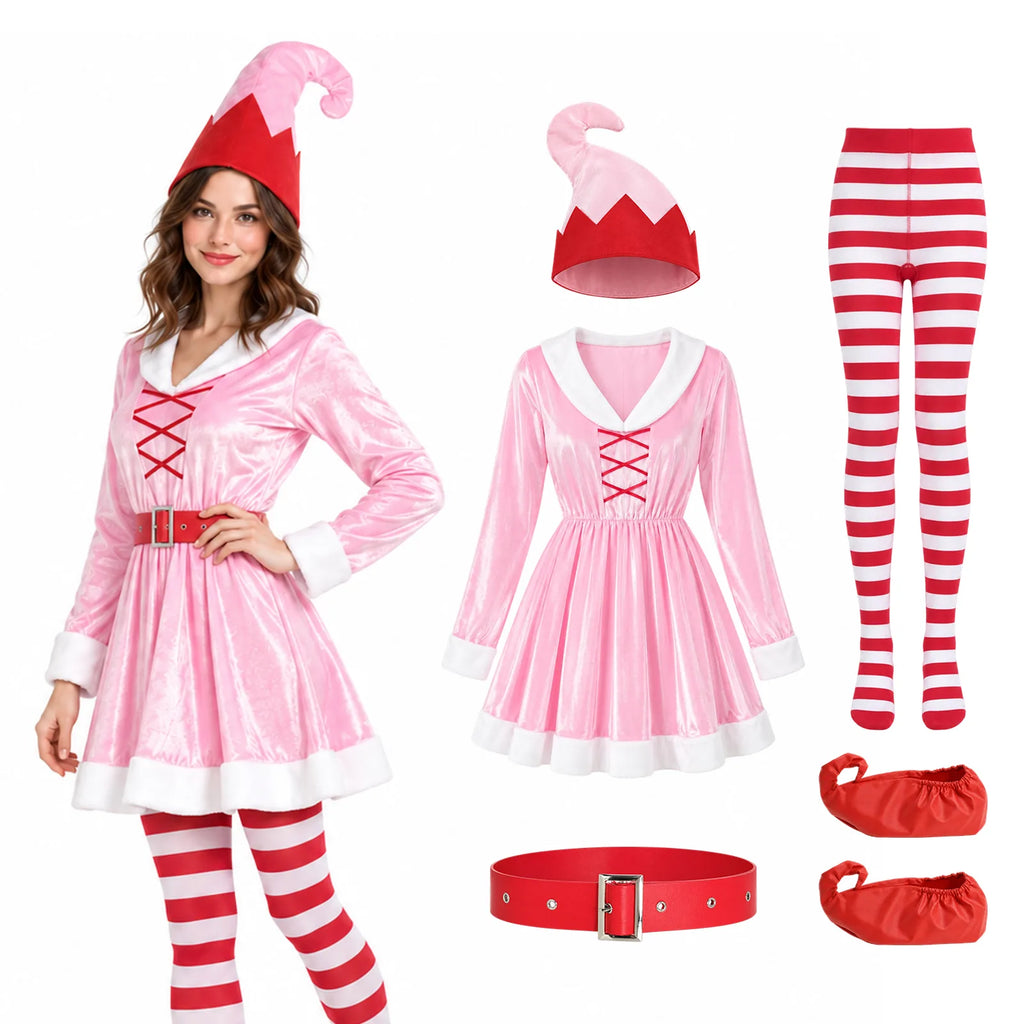 The pink elf dress and accessories appear beside a close view of the model.