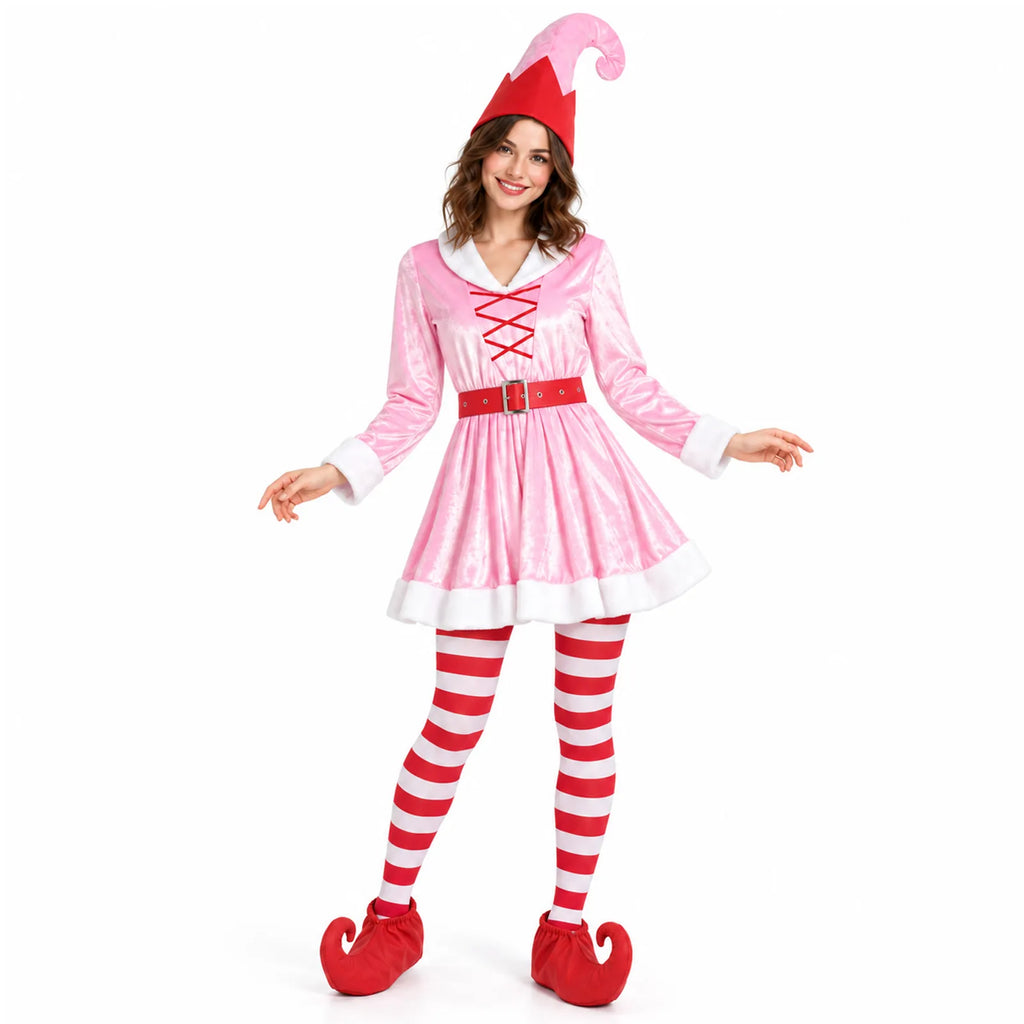 A model wears the pink elf dress with striped tights and curled costume shoes.