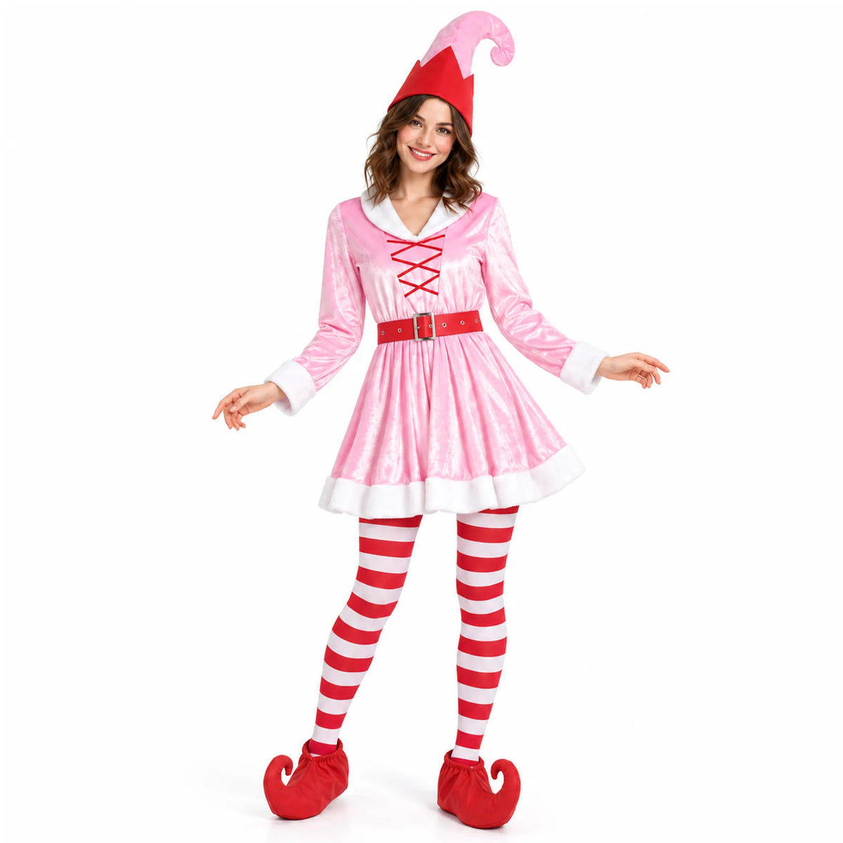A model wears the pink elf dress with striped tights and curled costume shoes.