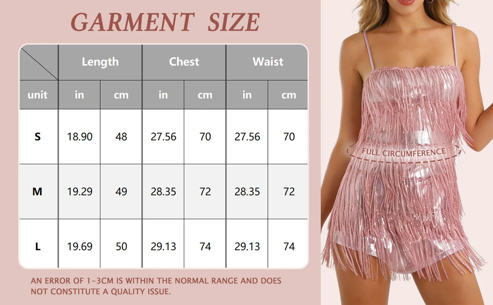 Garment size chart showing the available measurements for the pink sequin fringe cami mini dress.