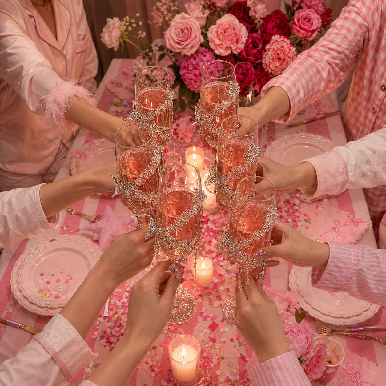 Pink girls night party table with champagne cups, pink plates, candles, flowers and confetti
