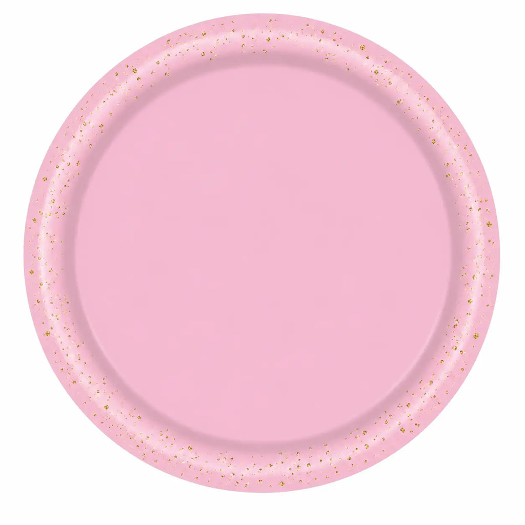 Pink disposable party plate with gold glitter rim for birthday, bridal shower, bachelorette, and girls night table decorations.