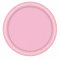 Pink disposable party plate with gold glitter rim for birthday, bridal shower, bachelorette, and girls night table decorations.