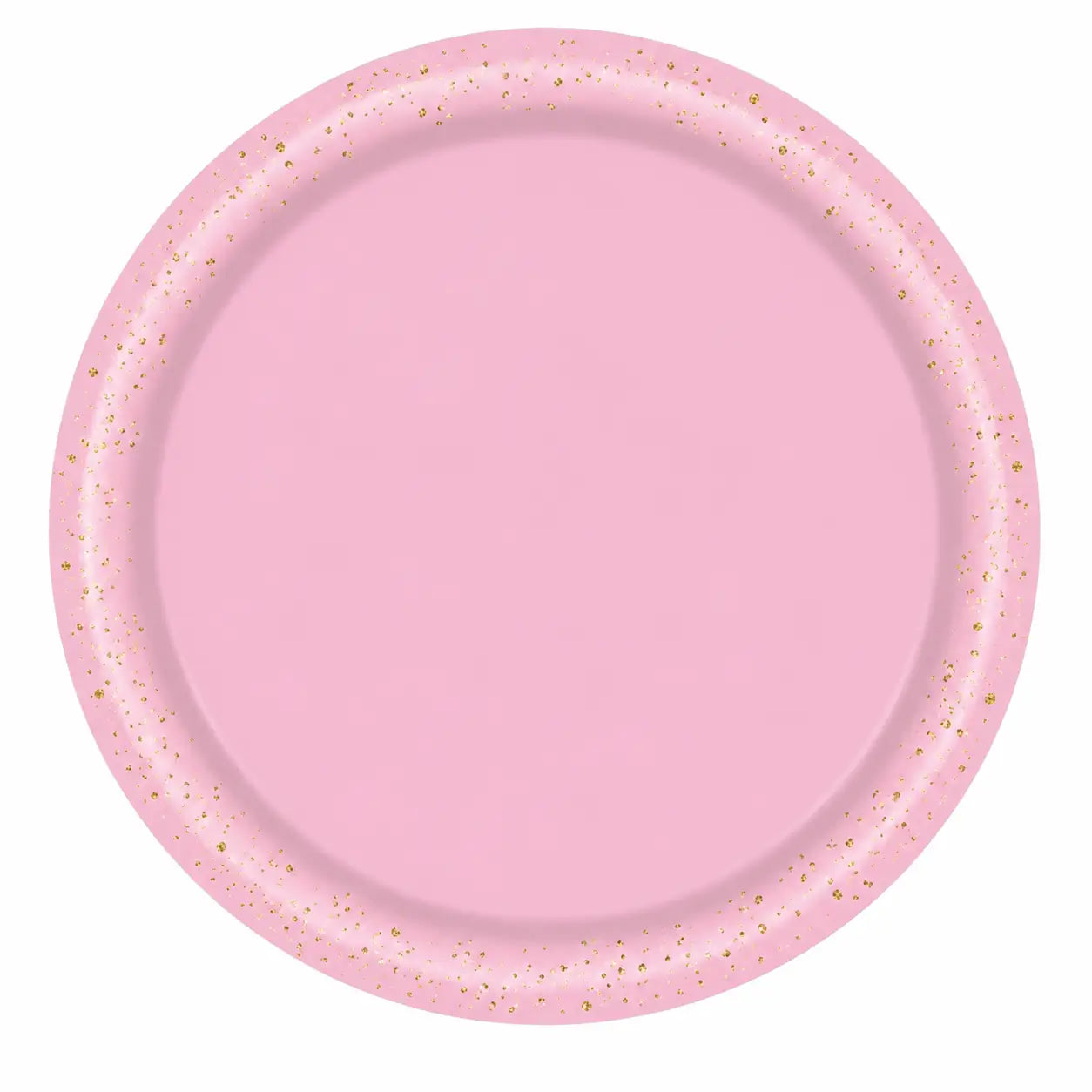 Pink disposable party plate with gold glitter rim for birthday, bridal shower, bachelorette, and girls night table decorations.