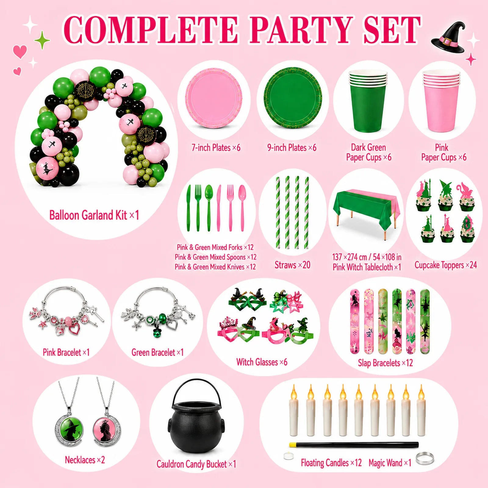 Pink and green witch complete party decorations set with tableware, balloon garland, favors, cauldron bucket, cupcake toppers, magic wand and floating candles