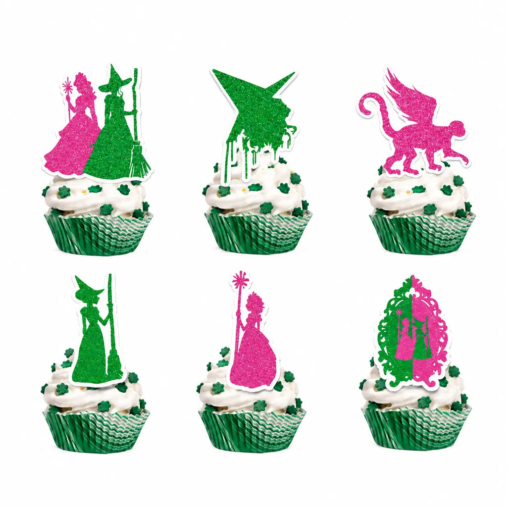 Pink and green glitter witch cupcake toppers with castle, monkey, broom, and fairy tale silhouettes for Halloween and themed party desserts.