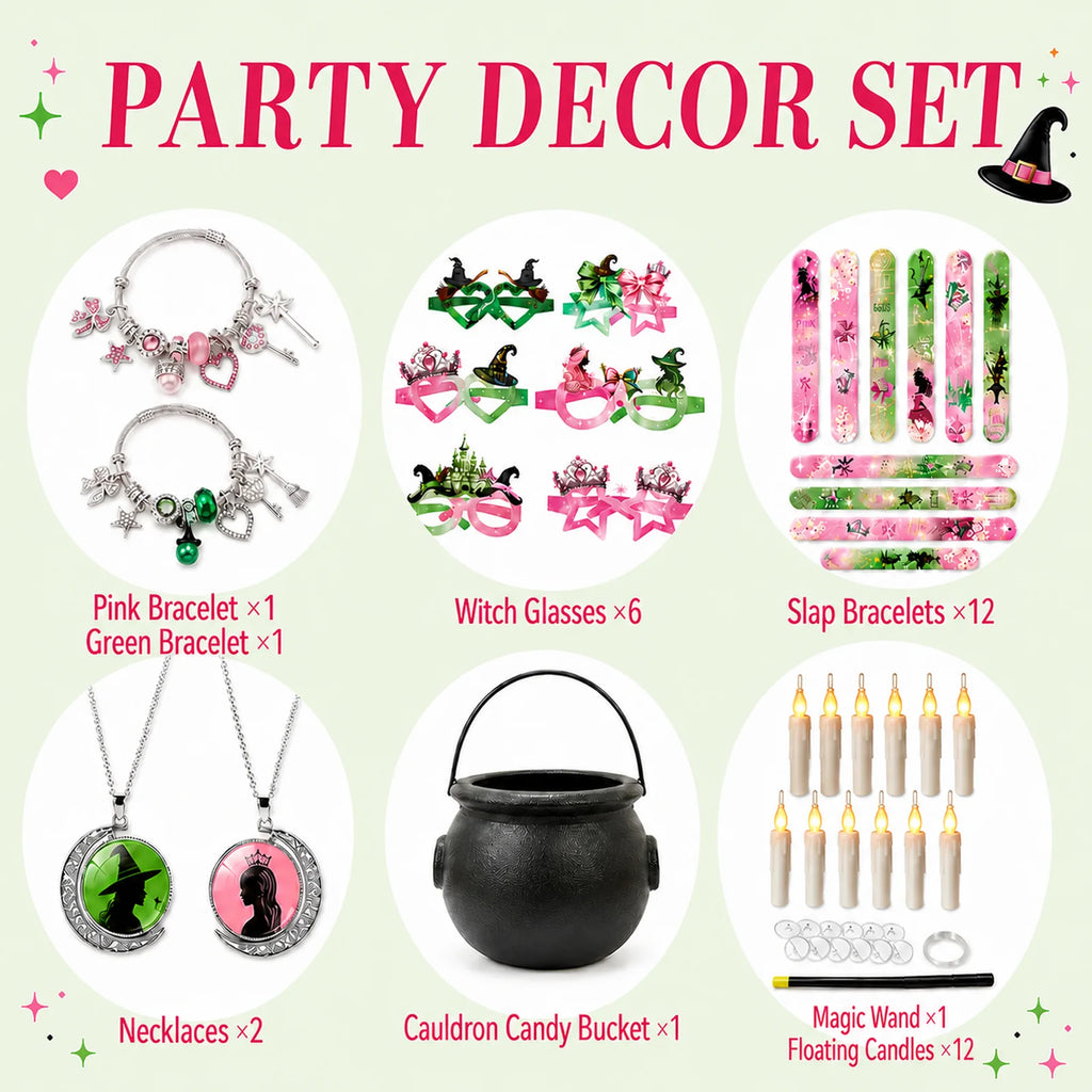 Pink and green witch party decor and favor set with bracelets, witch glasses, slap bracelets, necklaces, cauldron candy bucket, magic wand and floating candles