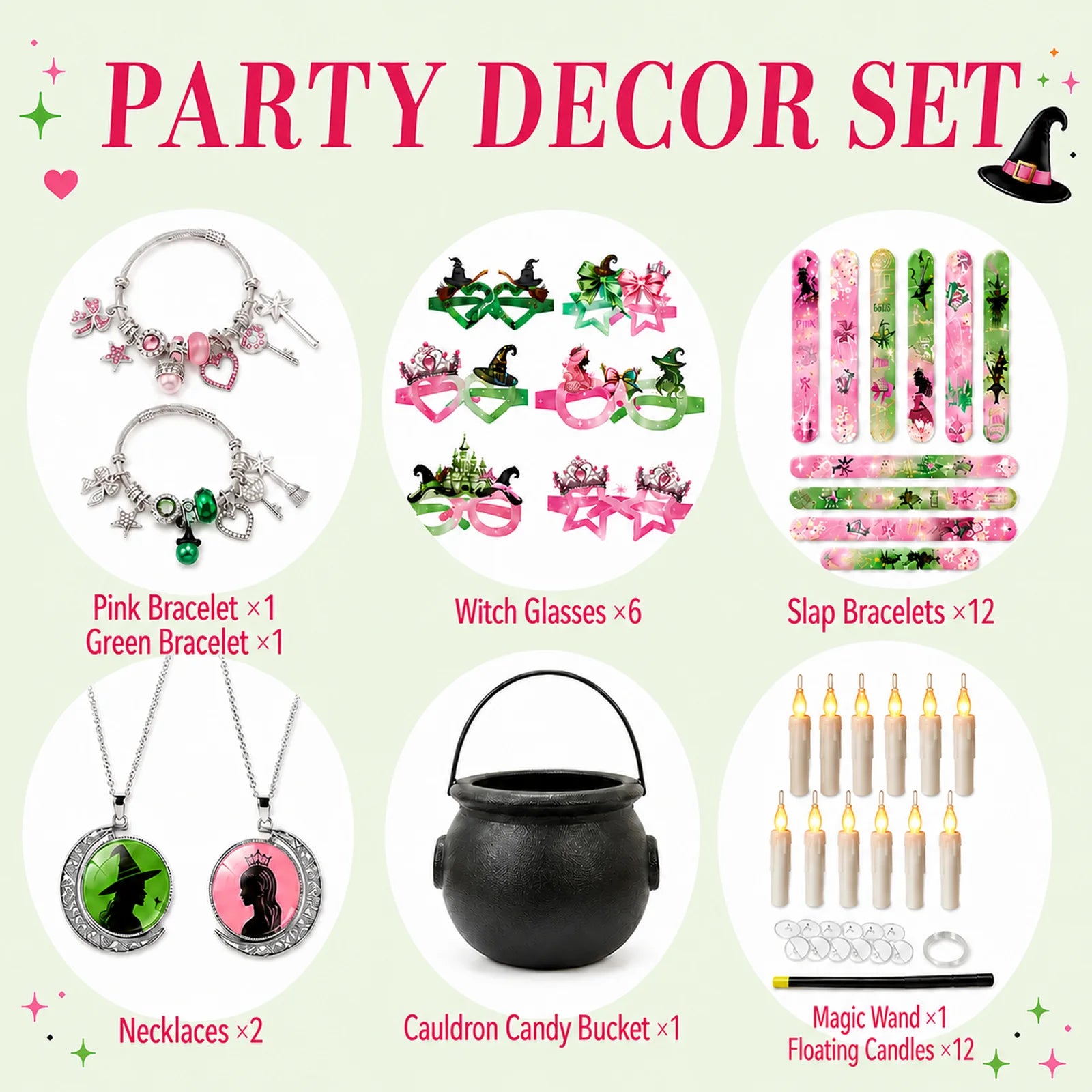 Pink and green witch party decor and favor set with bracelets, witch glasses, slap bracelets, necklaces, cauldron candy bucket, magic wand and floating candles