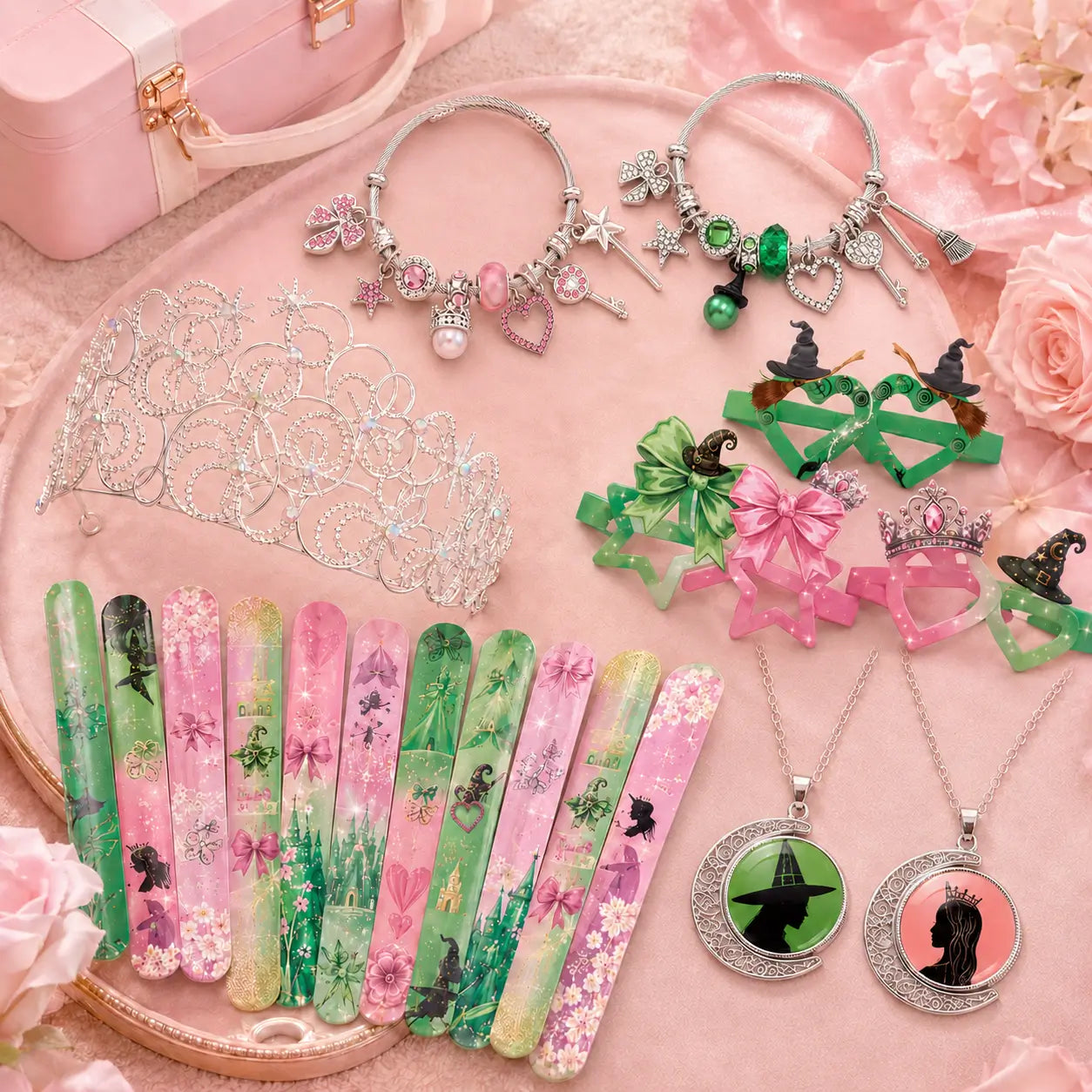 Pink and green witch party favor accessories set with bracelets, slap bracelets, glasses, tiara, necklaces and magic themed party gifts
