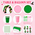 Pink and green witch party table and balloon set with balloon garland, plates, cups, cutlery, straws, tablecloth and cupcake toppers