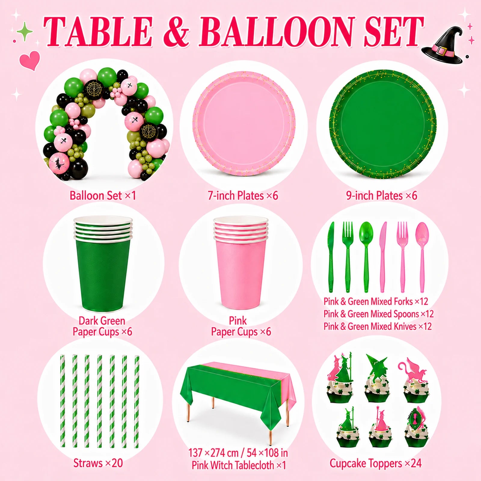 Pink and green witch party table and balloon set with balloon garland, plates, cups, cutlery, straws, tablecloth and cupcake toppers