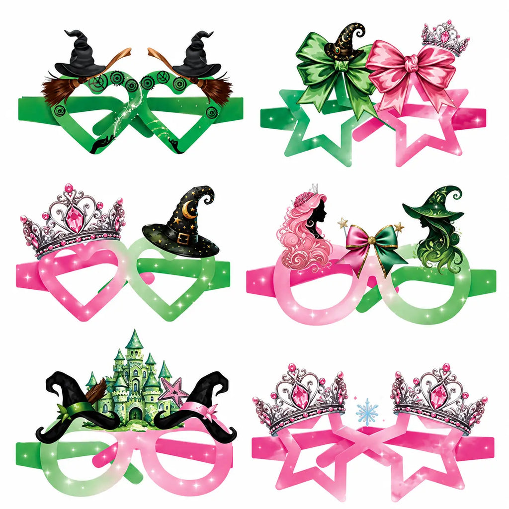 Set of pink and green witch and princess party glasses with star frames, crowns, bows, witch hats, broom, castle, and magical themed designs.