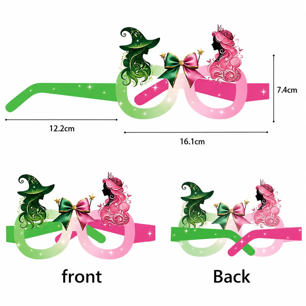 Pink and green witch and princess party glasses with bow and wand details shown with front, back, and size measurements.