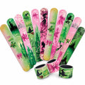 Pink and green witch and princess slap bracelets displayed with matching rolled bracelets and magical party designs.