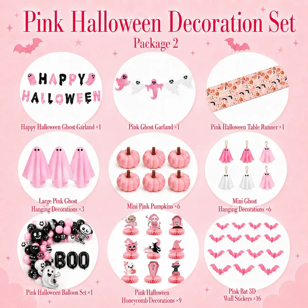 Pink Halloween decoration set with ghost garlands, balloons, hanging ghosts, pumpkins and bat wall stickers