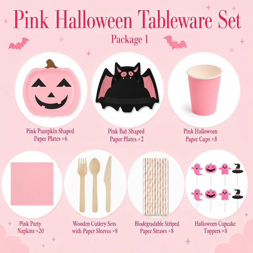 Pink Halloween tableware set for 8 with pumpkin and bat plates, cups, napkins, cutlery, straws and cupcake toppers