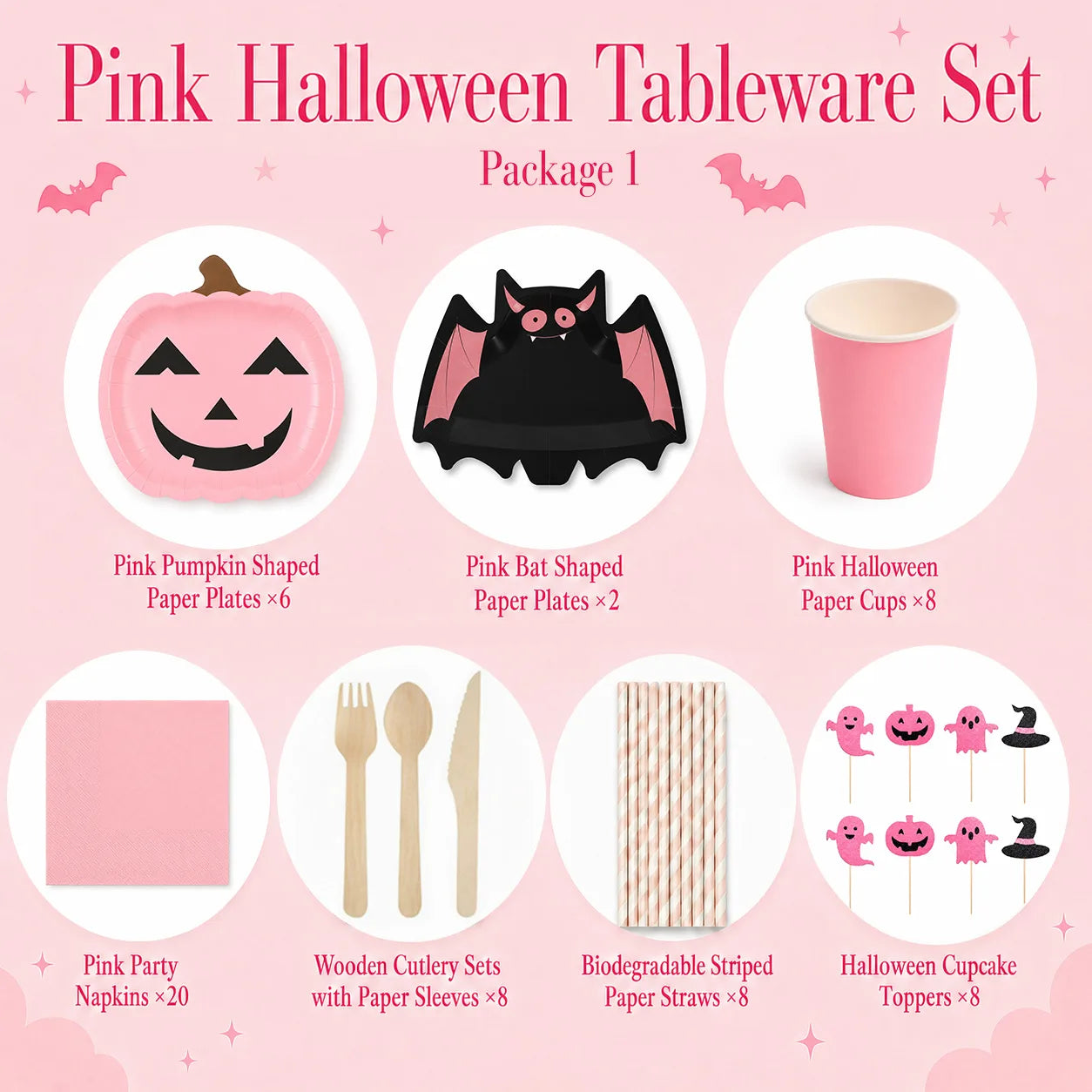 Pink Halloween tableware set for 8 with pumpkin and bat plates, cups, napkins, cutlery, straws and cupcake toppers