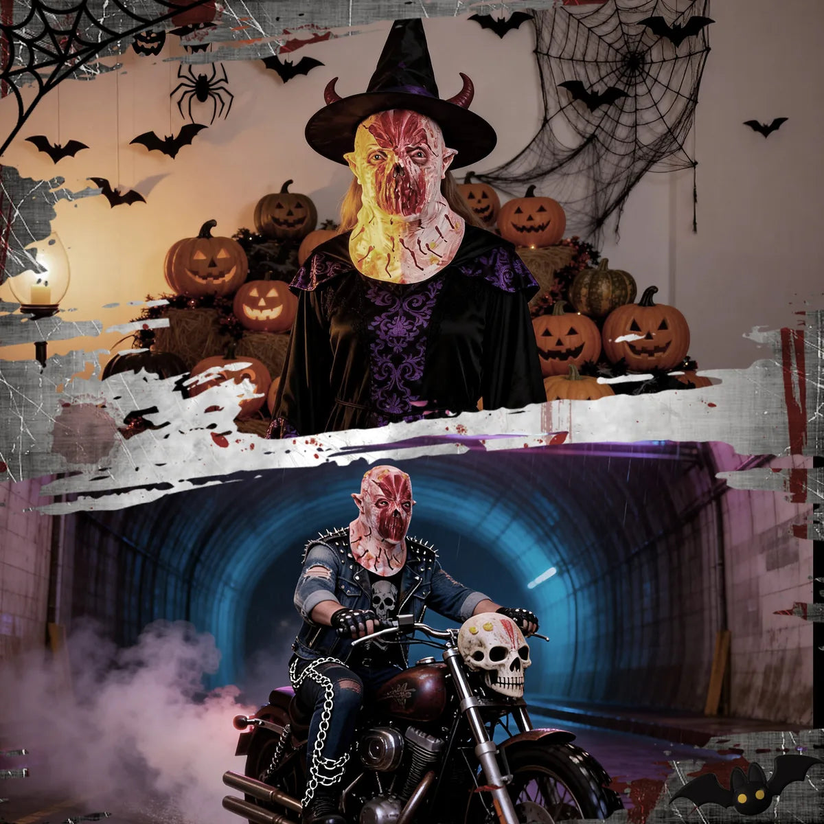 Pink lipless horror mask shown with two different costume styling settings.