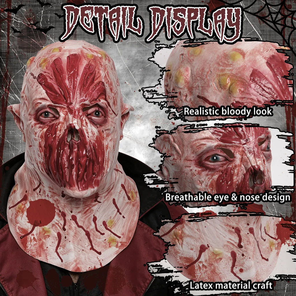 Detail graphic of the pink lipless horror mask highlights the exposed mouth texture, eye openings, and nose opening.
