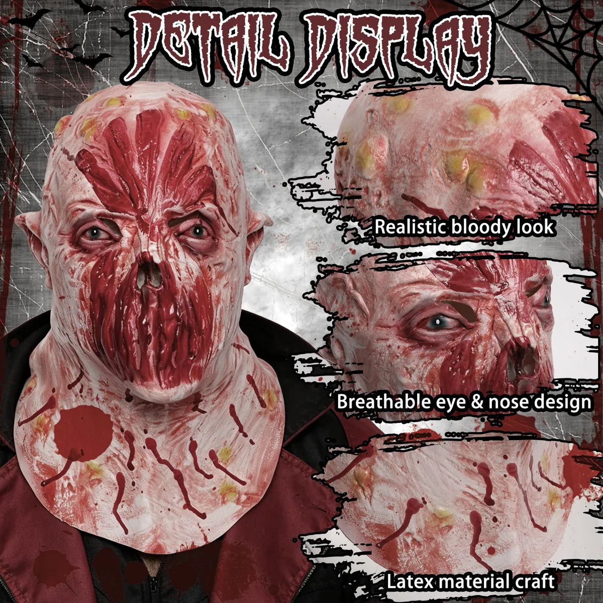 Detail graphic of the pink lipless horror mask highlights the exposed mouth texture, eye openings, and nose opening.