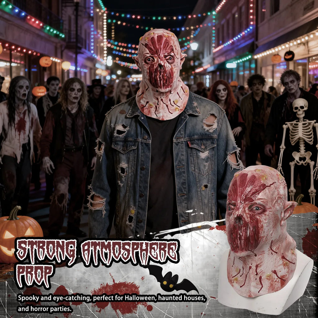Pink lipless horror mask worn in a nighttime Halloween crowd scene.