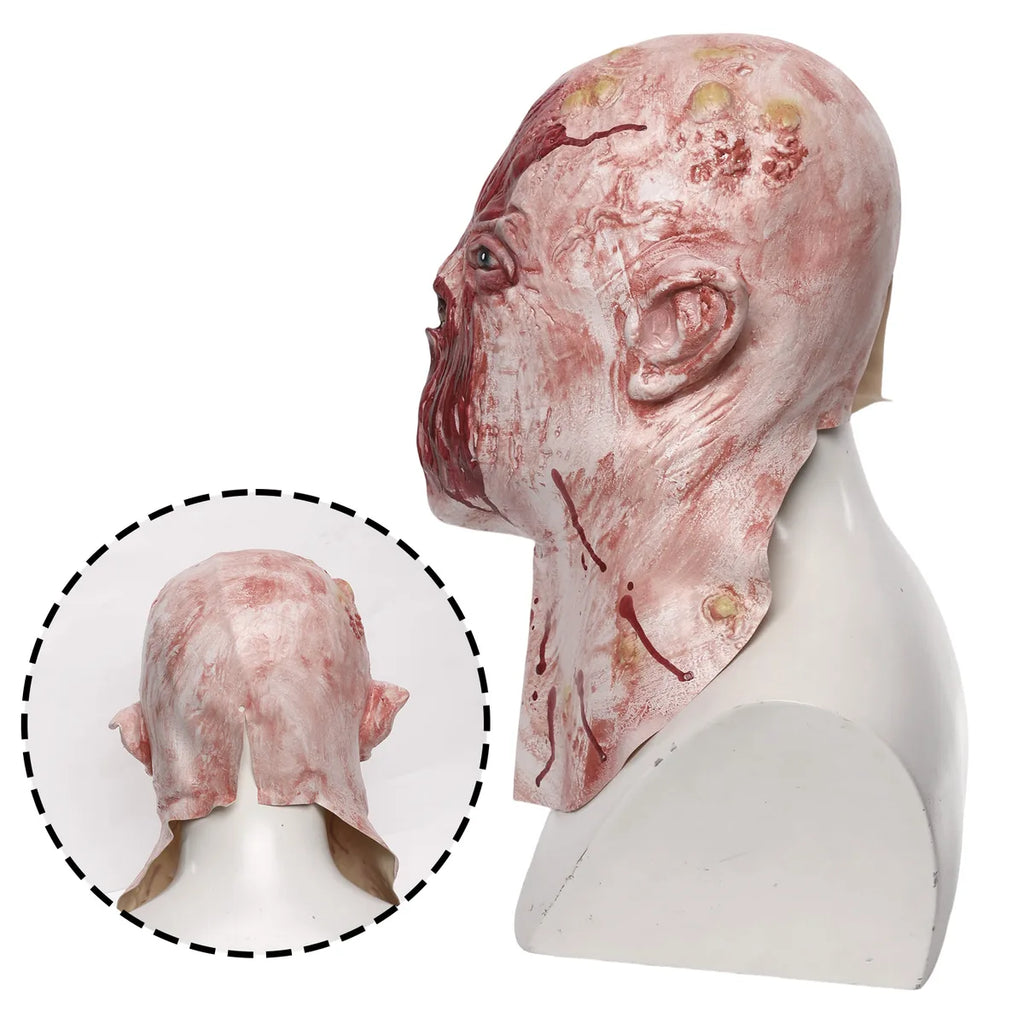Side and back views of the pink lipless horror mask show the full-head shape and extended neck section.